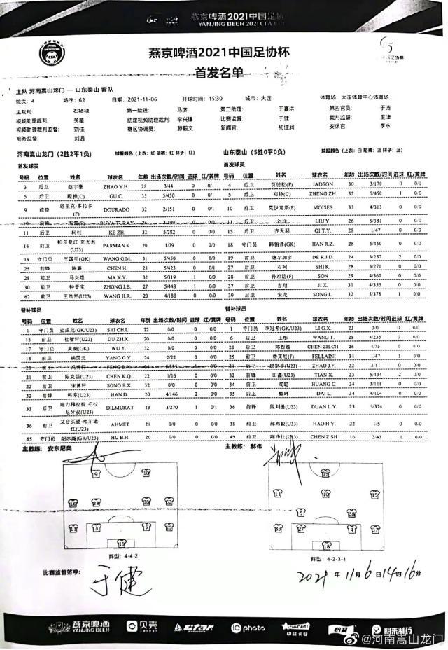 开云-泰山vs河南首发：卡兰加刘家辉停赛 费莱尼替补